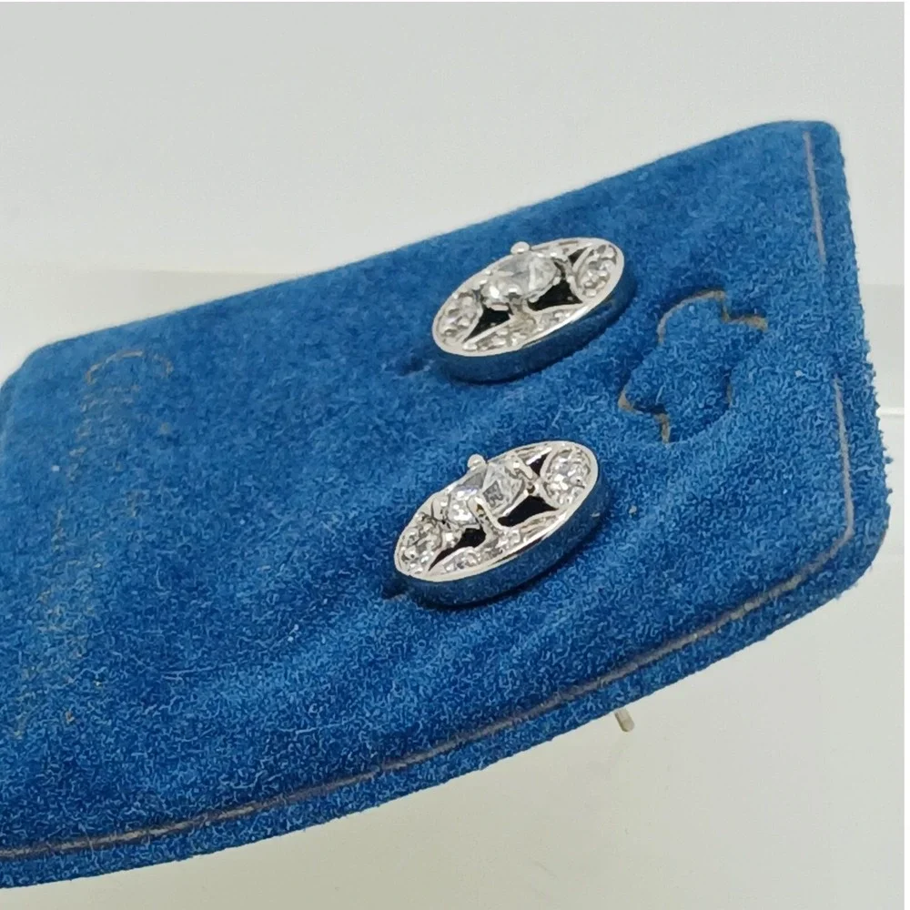 Vintage 1990s Cubic Zirconia Silver Tone‎ Geometric Round Stud Earrings New